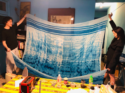 finishing cyanotype fabric developed by programmable laser scanner